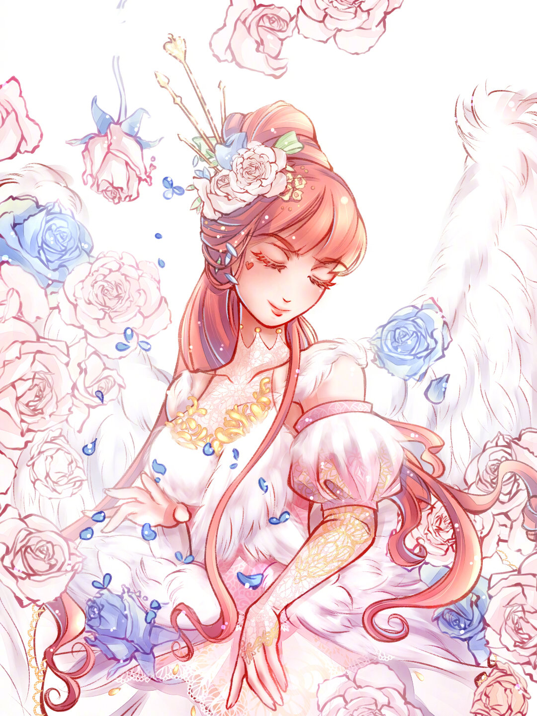 1girl, a_psalm_of_time_(miracle_nikki), arm_warmers, bare_shoulders, bird_wings, blue_bow, blue_flower, blue_ribbon, blue_rose, blunt_bangs, bow, chinese_commentary, closed_eyes, closed_mouth, commentary_request, covered_collarbone, cowboy_shot, detached_sleeves, dress, eyelashes, facial_tattoo, feather_dress, feathered_wings, fingernails, flower, green_bow, hair_bow, hair_flower, hair_ornament, hair_ribbon, hairpin, happy, head_tilt, heart, heart_tattoo, high_ponytail, highres, lace, lace_arm_warmers, light_blush, light_particles, lipstick, long_hair, long_sidelocks, makeup, miracle_nikki, multiple_hairpins, nikki_(nikki), nikki_(series), petals, pink_flower, pink_hair, pink_lips, pink_rose, ponytail, puffy_short_sleeves, puffy_sleeves, qiji_pp, ribbon, rose, rose_petals, short_sleeves, sidelocks, simple_background, sleeveless, sleeveless_dress, smile, solo, standing, tattoo, third-party_source, tress_ribbon, turtleneck, turtleneck_dress, very_long_hair, white_arm_warmers, white_background, white_dress, white_sleeves, white_wings, wings, yellow_flower