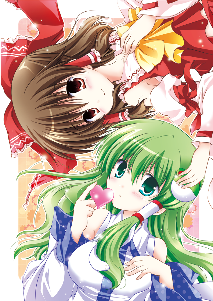 ascot, blush, bow, brown_eyes, brown_hair, detached_sleeves, green_eyes, green_hair