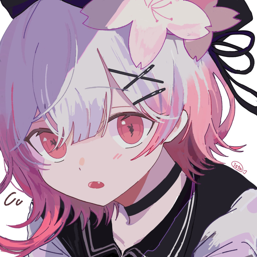 1girl, beret, black_choker, black_hat, choker, commentary_request, fang, flower