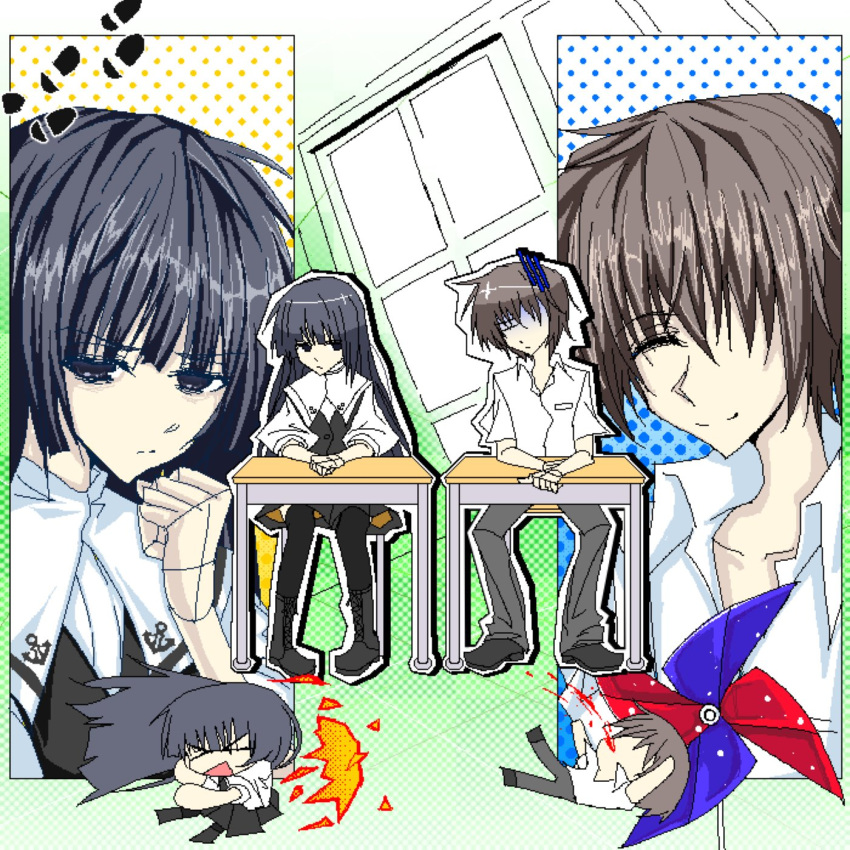 1boy, 1girl, bench, black_hair, black_shoes, black_thighhighs, blood, blunt_ends