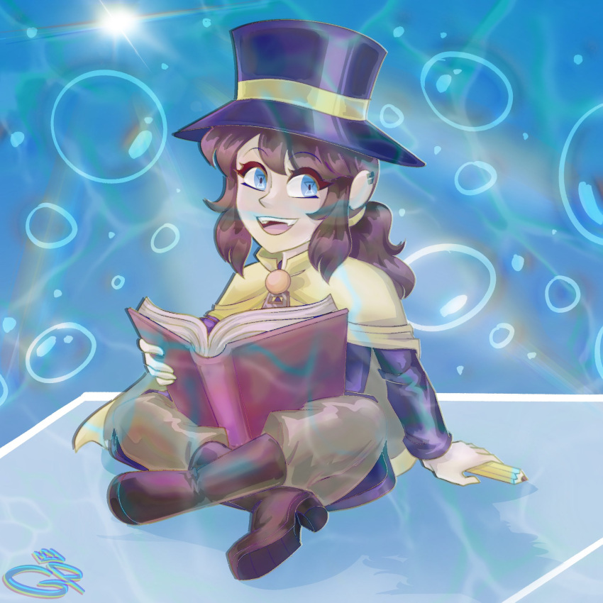 1girl, a_hat_in_time, blue_background, blue_eyes, book, boots, brown_boots, brown_hair