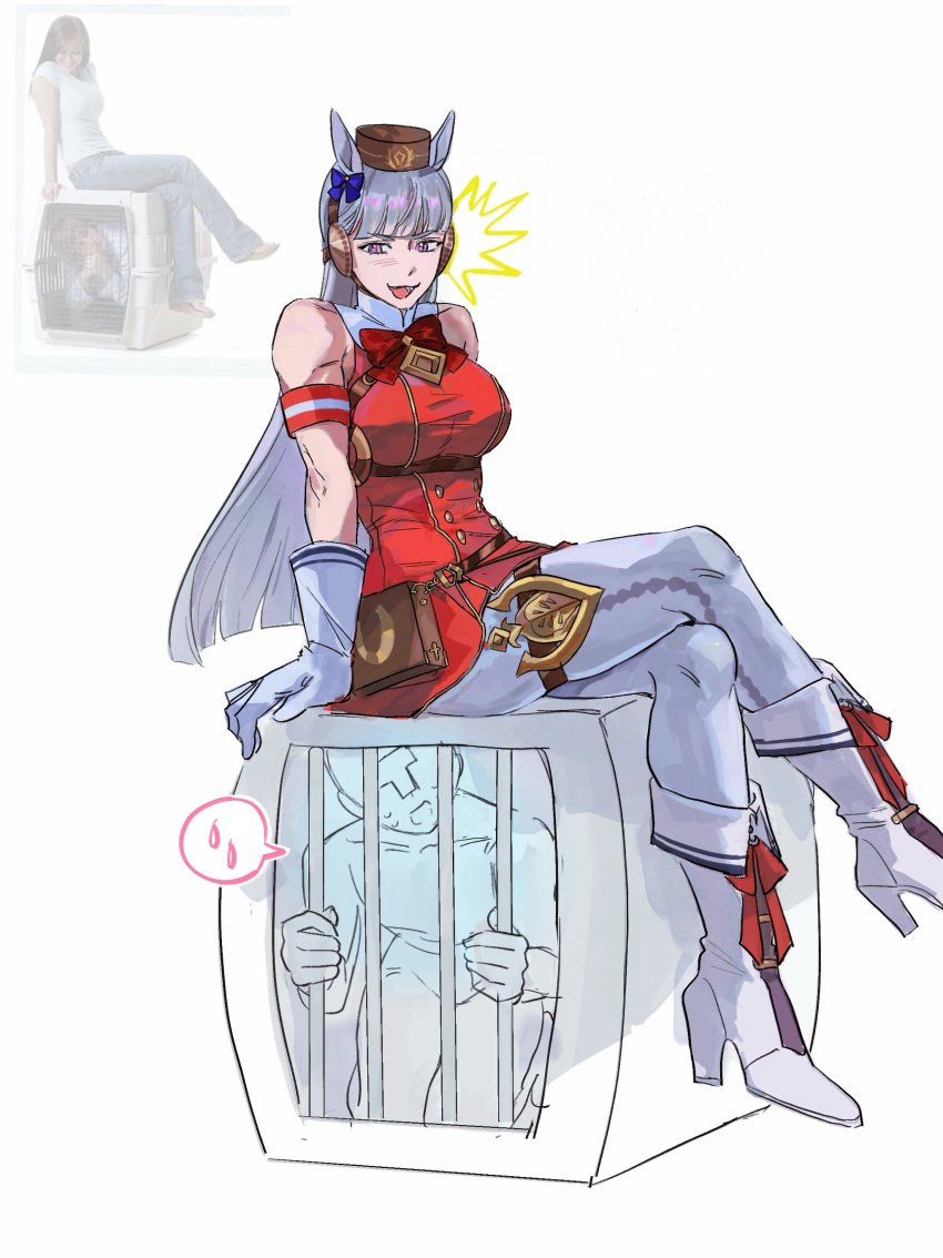 1boy, 1girl, absurdres, ammi_(mayflyaa), animal_ears, blunt_bangs, boots, cage