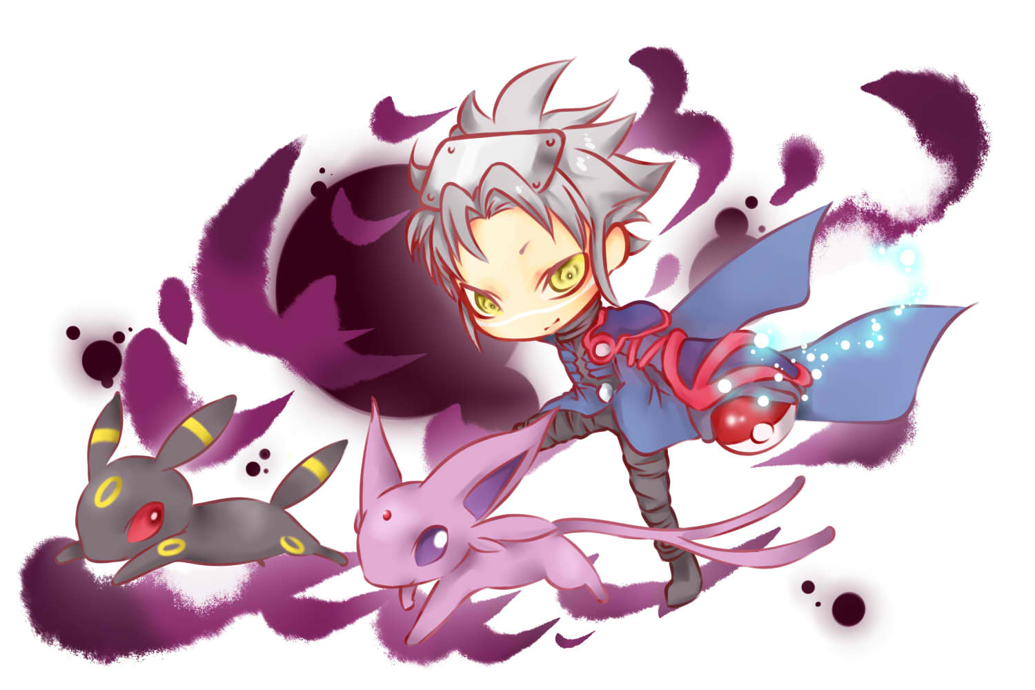 1boy, chibi, coat, darkness, espeon, gloves, grey_hair, leo_(pokemon), light, light_smile, poke_ball, pokemon, pokemon_(creature), pokemon_(game), pokemon_colosseum, running, shoulder_pads, umbreon, yellow_eyes
