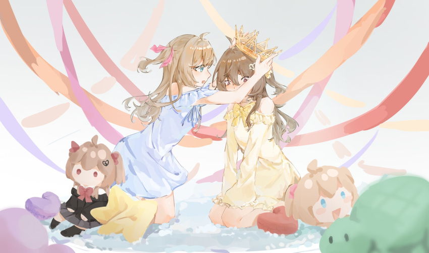 2girls, :d, @_@, adjusting_another's_headwear, ahoge, alternate_costume, blue_dress, blue_eyes