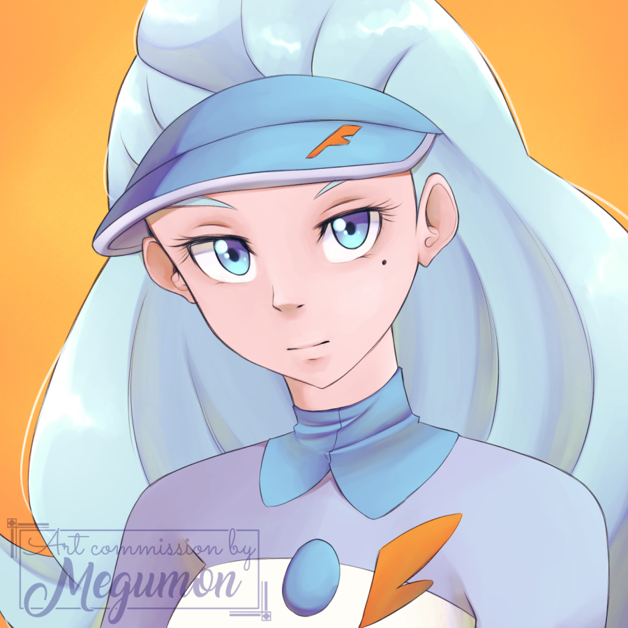 1girl, ahoge, blue_eyes, blue_hair, blue_hat, collared_shirt, flipped_hair, hat
