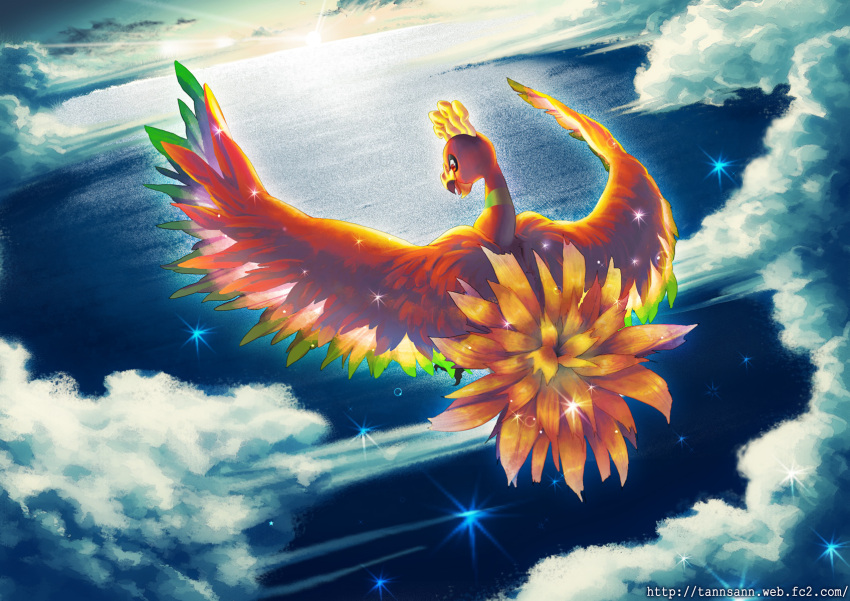 abe_(f!mixture), bird, cloud, from_above, highres, ho-oh, horizon, nature, no_humans, ocean, pokemon, pokemon_(creature), pokemon_(game), pokemon_gsc, solo, sparkle, sunlight, water, watermark, web_address, wings