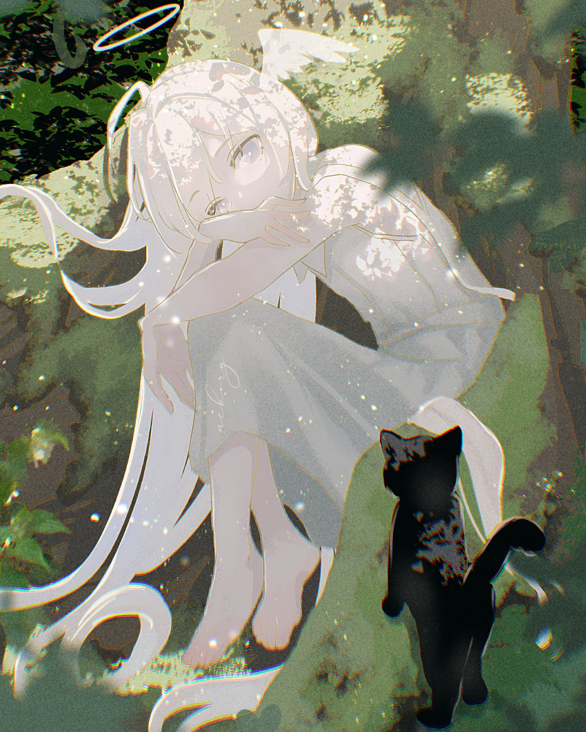 1girl, absurdres, ahoge, asymmetrical_bangs, baby_animal, barefoot, black_cat, cat