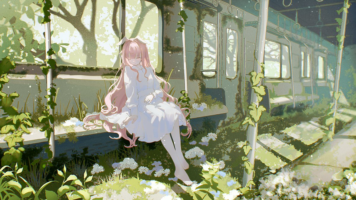 1girl, animal_ears, barefoot, blunt_bangs, collared_dress, commentary_request, day, dress