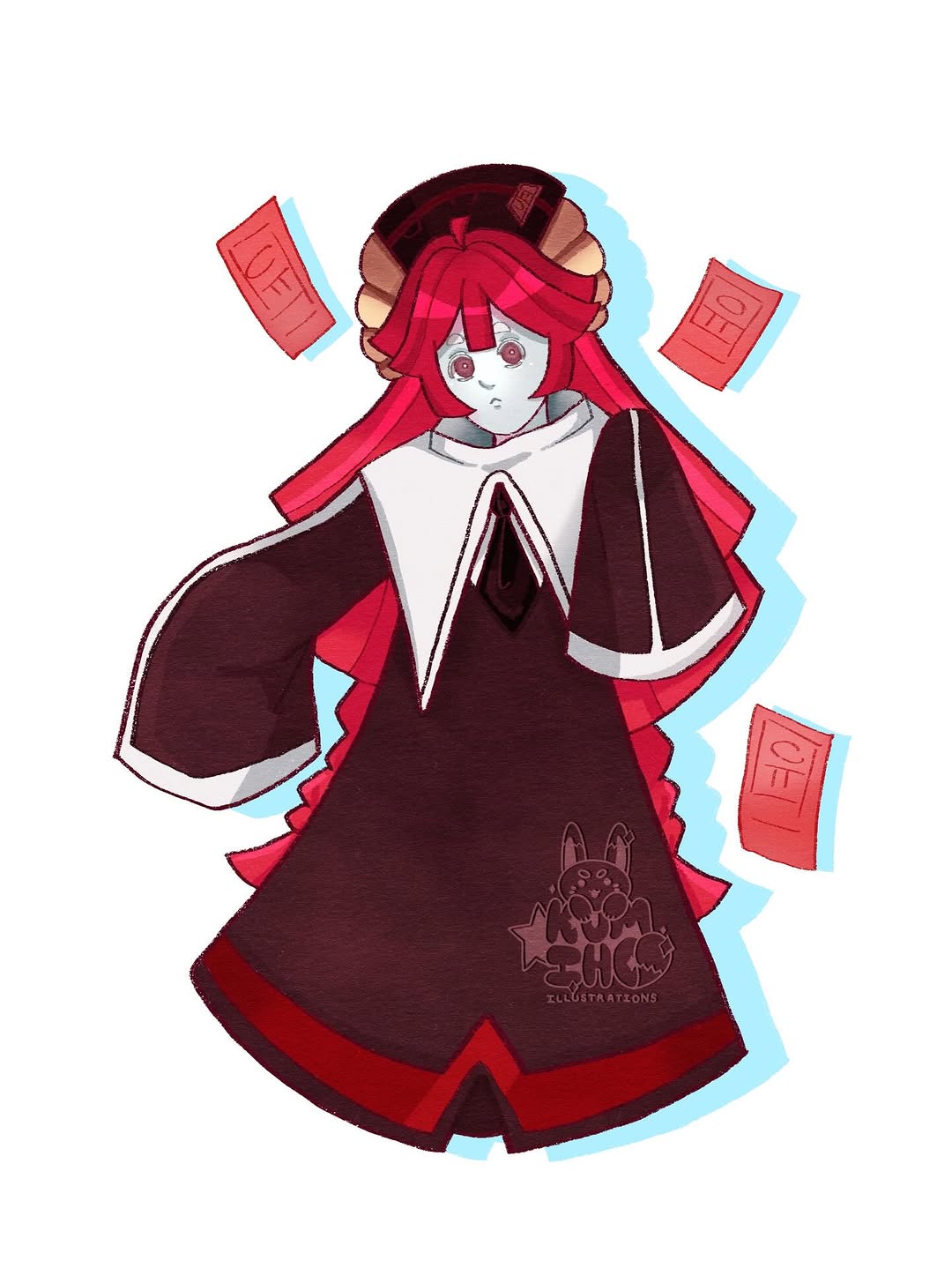 1girl, cookie_run, cookie_run:_ovensmash, highres, illust_kumiho, jerky_cookie, long_hair, red_eyes, red_hair, sleeves_past_wrists, solo, talisman, watermark, white_background