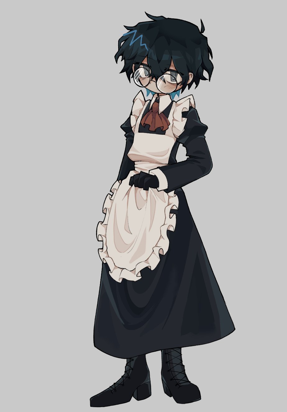 1boy, alternate_costume, apron, black_boots, black_gloves, black_hair, blue_hair, boots