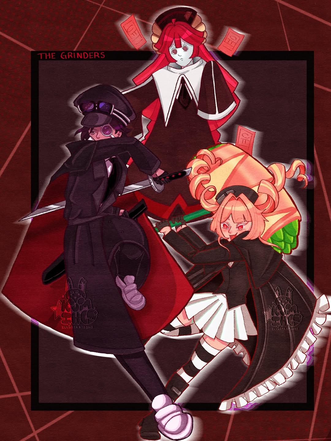 1boy, 2girls, bacon_roll_cookie, black_hair, black_hat, black_pudding_cookie, boots, cloak, cookie_run, cookie_run:_ovensmash, english_text, eyepatch, hammer, hat, highres, holding, holding_hammer, holding_sword, holding_weapon, illust_kumiho, jerky_cookie, multiple_girls, pink_hair, pleated_skirt, red_eyes, red_hair, skirt, socks, striped_clothes, striped_socks, sword, talisman, twintails, watermark, weapon, white_skirt