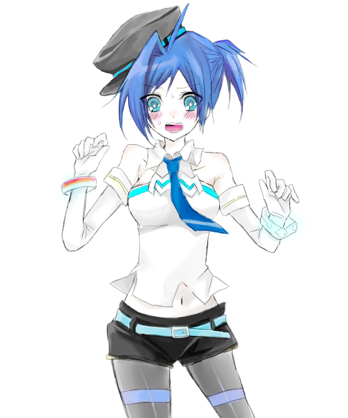 blue_eyes, blue_hair, blush, cardfight!!_vanguard, cosplay, genderswap, high_dog_breeder_akane_(cosplay), legwear_under_shorts, neon_trim, pantyhose, royal_paladin, sendou_aichi, shorts, sleeveless, sugar_cube, vanguard_ride