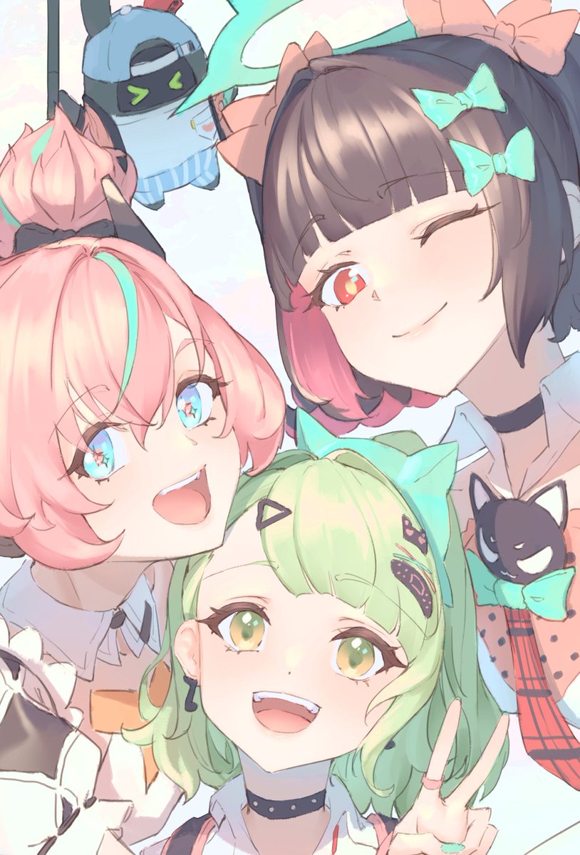 3girls, :d, ;d, angels_of_delusion, aria_(zenless_zone_zero), bangboo_(zenless_zone_zero), biggest_fan_(zenless_zone_zero), black_choker