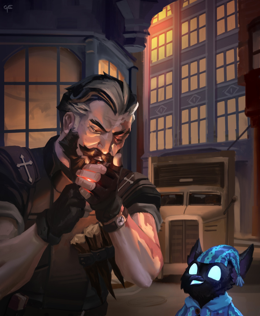 2boys, alley, beak, beard, black_beard, black_fur, black_gloves, black_hair