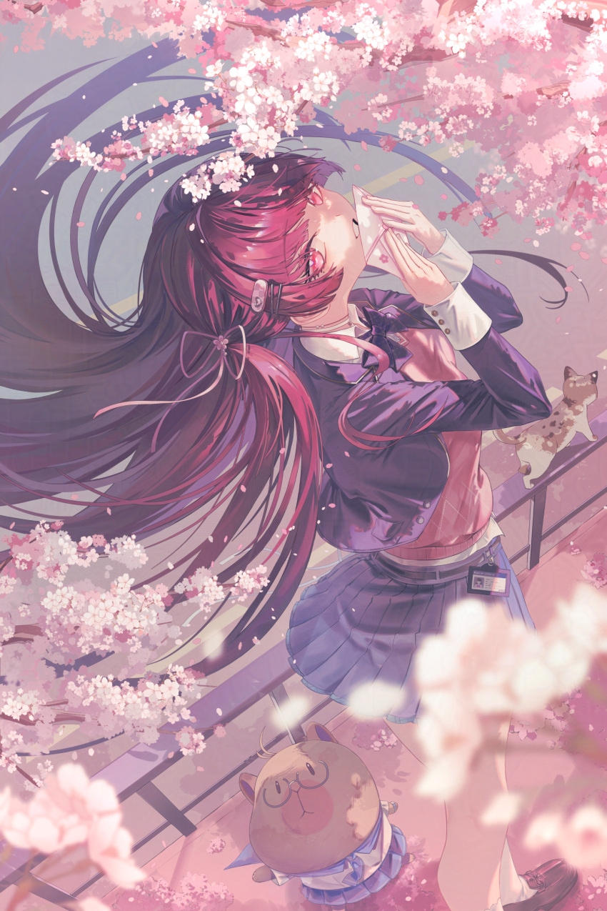 1girl, blue_skirt, breasts, chisa_(wuthering_waves), commentary_request, from_above, hair_ribbon, highres