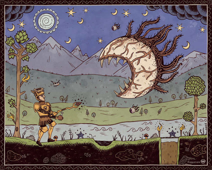 absurdres, battle, bird, crescent, english_commentary, eye_of_cthulhu, finch, helmet