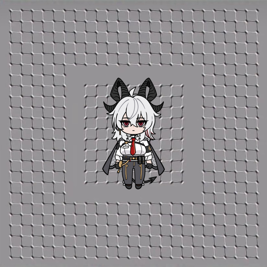 1girl, ahoge, black_horns, black_jacket, black_pants, breasts, chibi, chibi_only