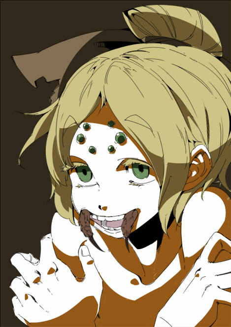 blonde_hair, bust, colored_eyelashes, face, fangs, green_eyes, hands, kurodani_yamame