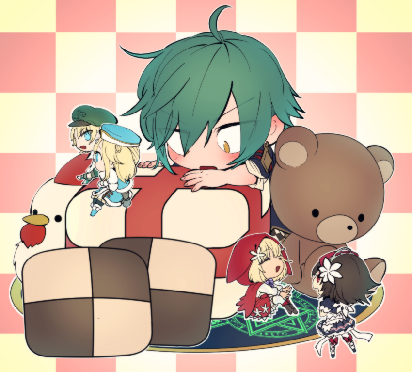 2boys, 3girls, ahoge, aqua_capelet, aqua_eyes, aqua_hat, bird, blonde_hair