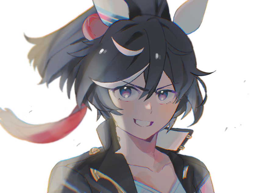 1girl, animal_ears, black_hair, black_jacket, blue_eyes, blue_shirt, blush, cino-momo