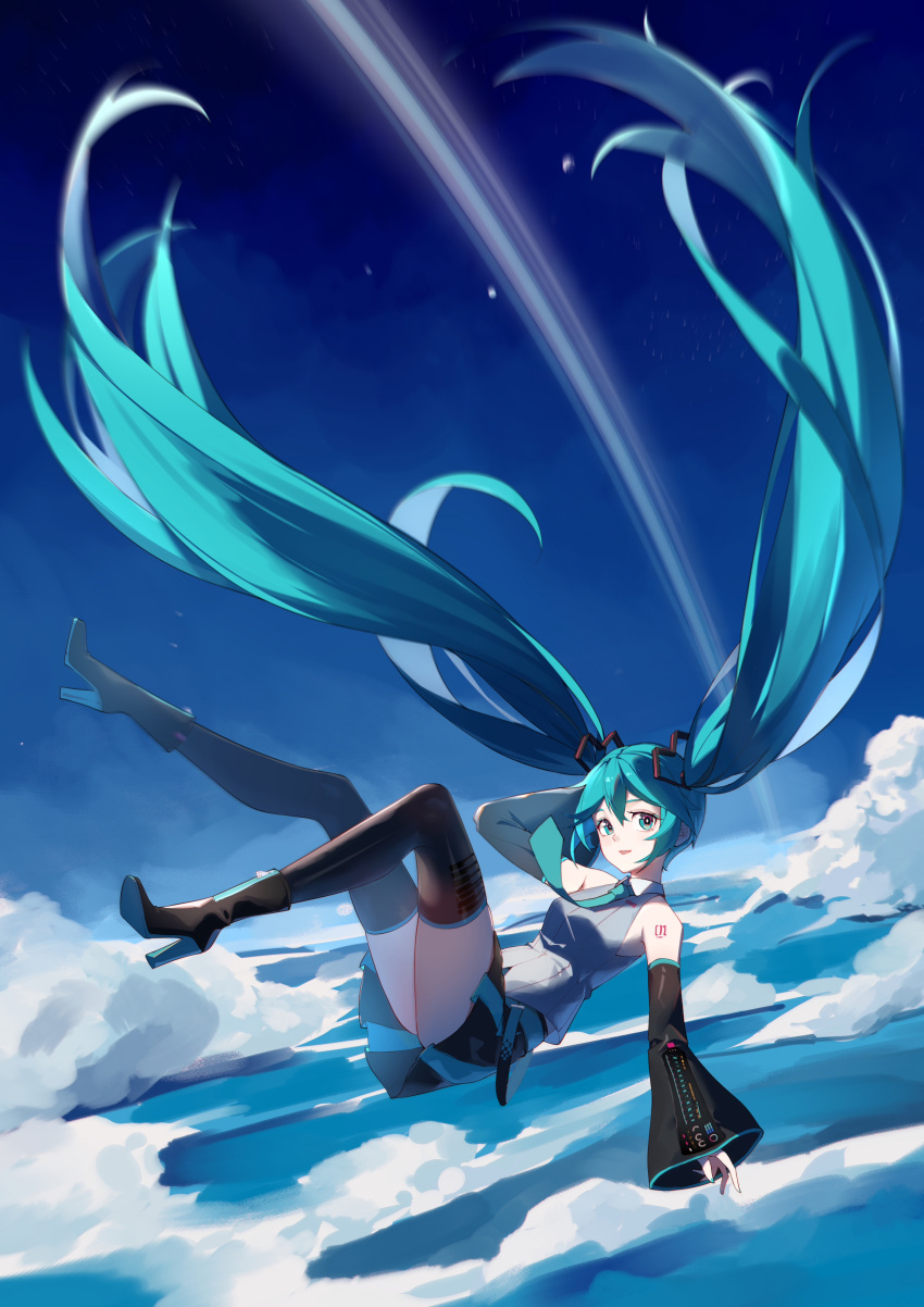 1girl, absurdres, aqua_eyes, aqua_hair, aqua_necktie, bare_shoulders, black_sleeves, breasts