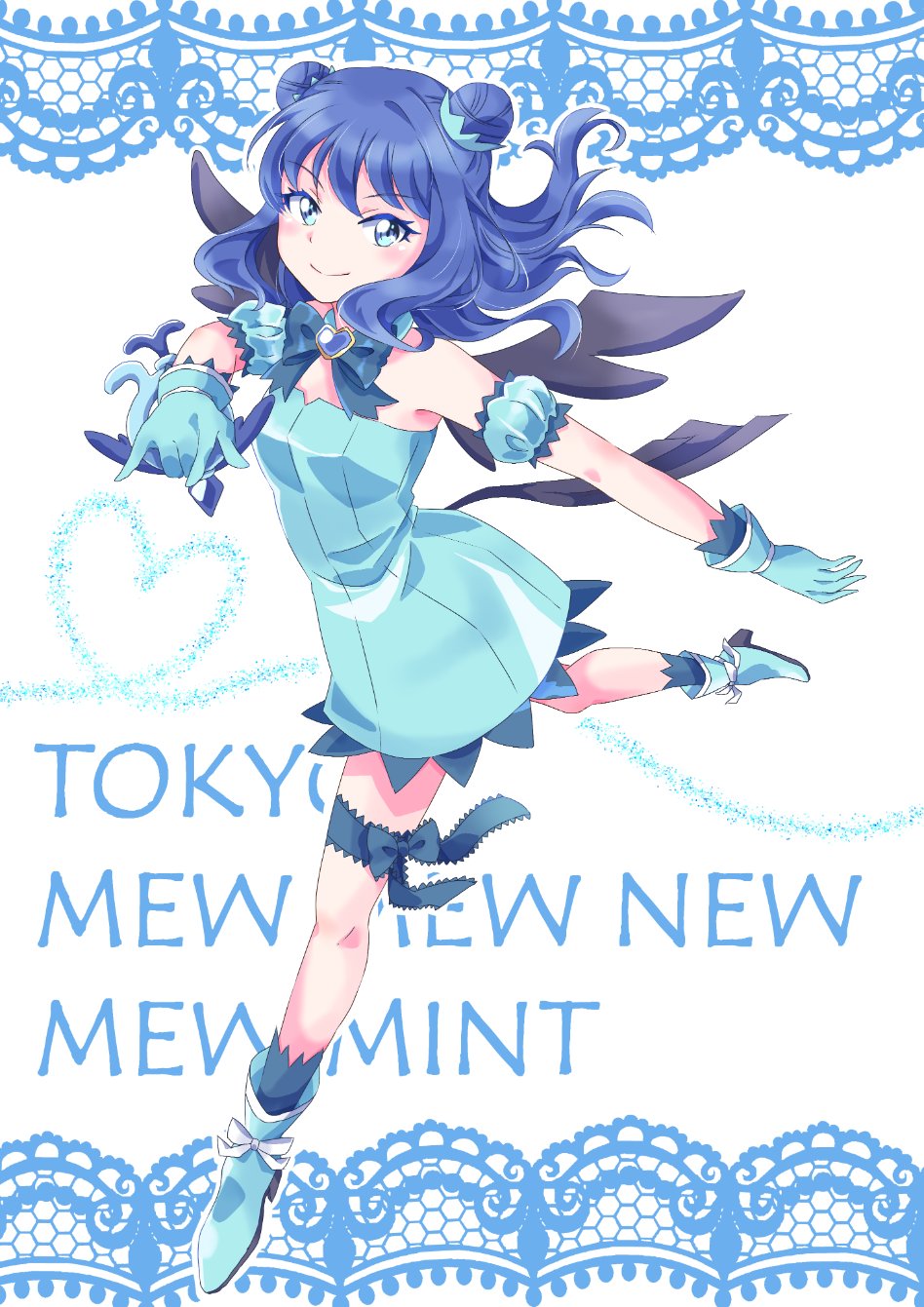 1girl, aizawa_mint, aqua_dress, aqua_gloves, bare_shoulders, bird_girl, bird_tail, bird_wings, blue_eyes, blue_hair, blue_theme, blush, breasts, character_name, closed_mouth, collarbone, commentary_request, double_bun, dress, full_body, gloves, hair_between_eyes, hair_bun, highres, hina12_ko20, holding, holding_weapon, long_hair, looking_at_viewer, medium_breasts, mew_mint, mintone_arrow, smile, solo, strapless, strapless_dress, tail, tokyo_mew_mew, tokyo_mew_mew_new, weapon, wings