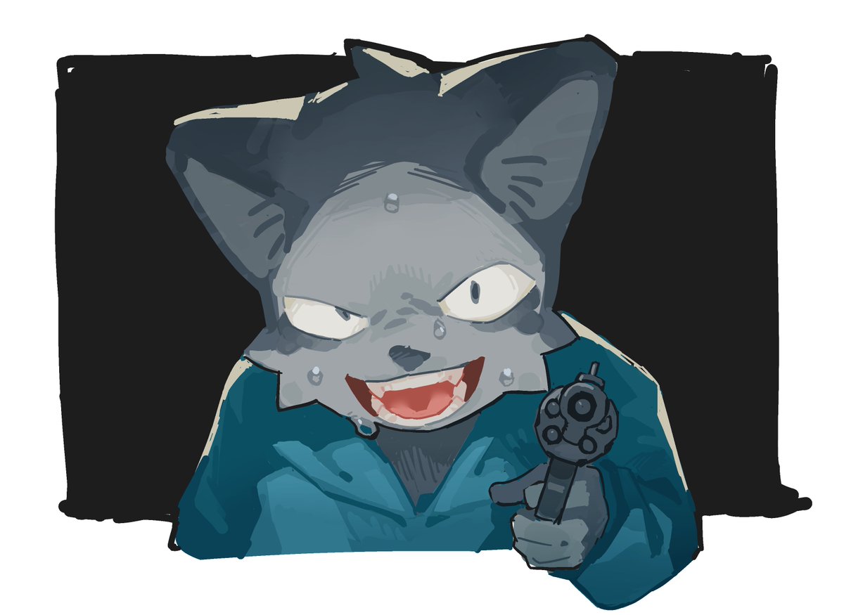1boy, aiming, aiming_at_viewer, animal_ears, blue_jacket, cat_boy, cat_ears, fangs