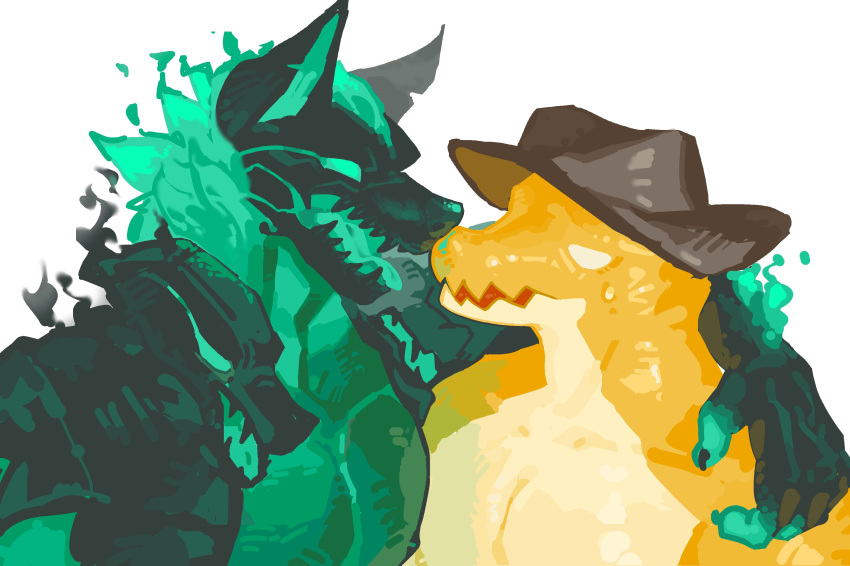 2boys, absurdres, animal_ears, arm_around_shoulder, cerberus_(fortnite), commentary_request, cowboy_hat, crocodile_boy, fortnite, furry, furry_male, gummigoo, guni_shi3, hat, highres, looking_at_another, male_focus, multiple_boys, muscular, muscular_male, open_mouth, smile, sweatdrop, the_amazing_digital_circus, topless_male, white_background, wolf_boy, wolf_ears