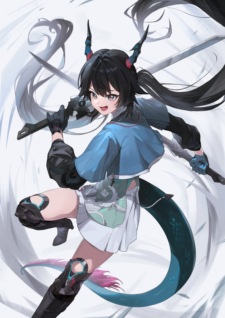 1girl, :d, absurdres, arknights, arknights:_endfield, black_boots, black_gloves, black_hair