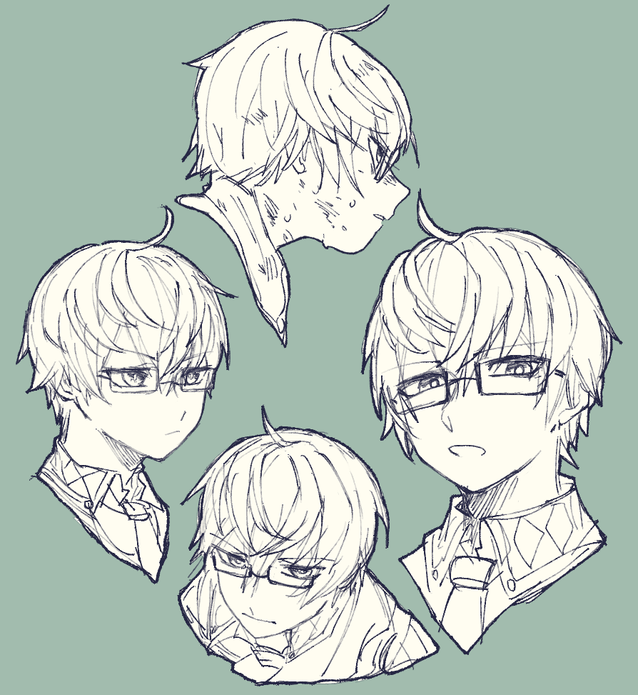 1boy, ahoge, closed_mouth, collared_shirt, cropped_shoulders, glasses, green_background, grimms_notes