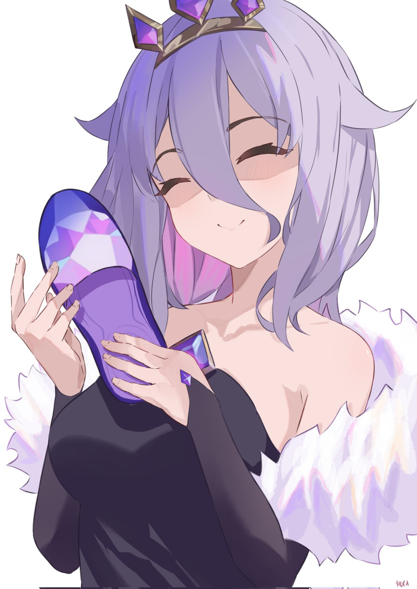 1girl, breasts, chest_jewel, colored_inner_hair, commentary, dress, gem, grey_hair