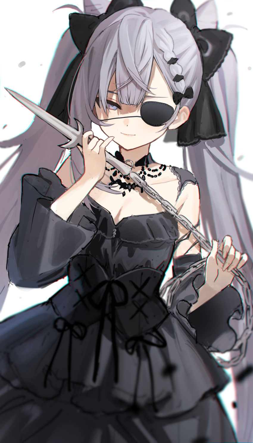 absurdres, aotake_iro, black_bow, black_dress, black_sleeves, bow, chain_weapon, commentary_request