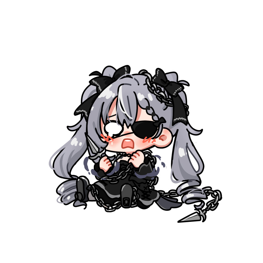 1girl, black_sleeves, blue_eyes, bow, chain_weapon, chibi, dress, eyepatch