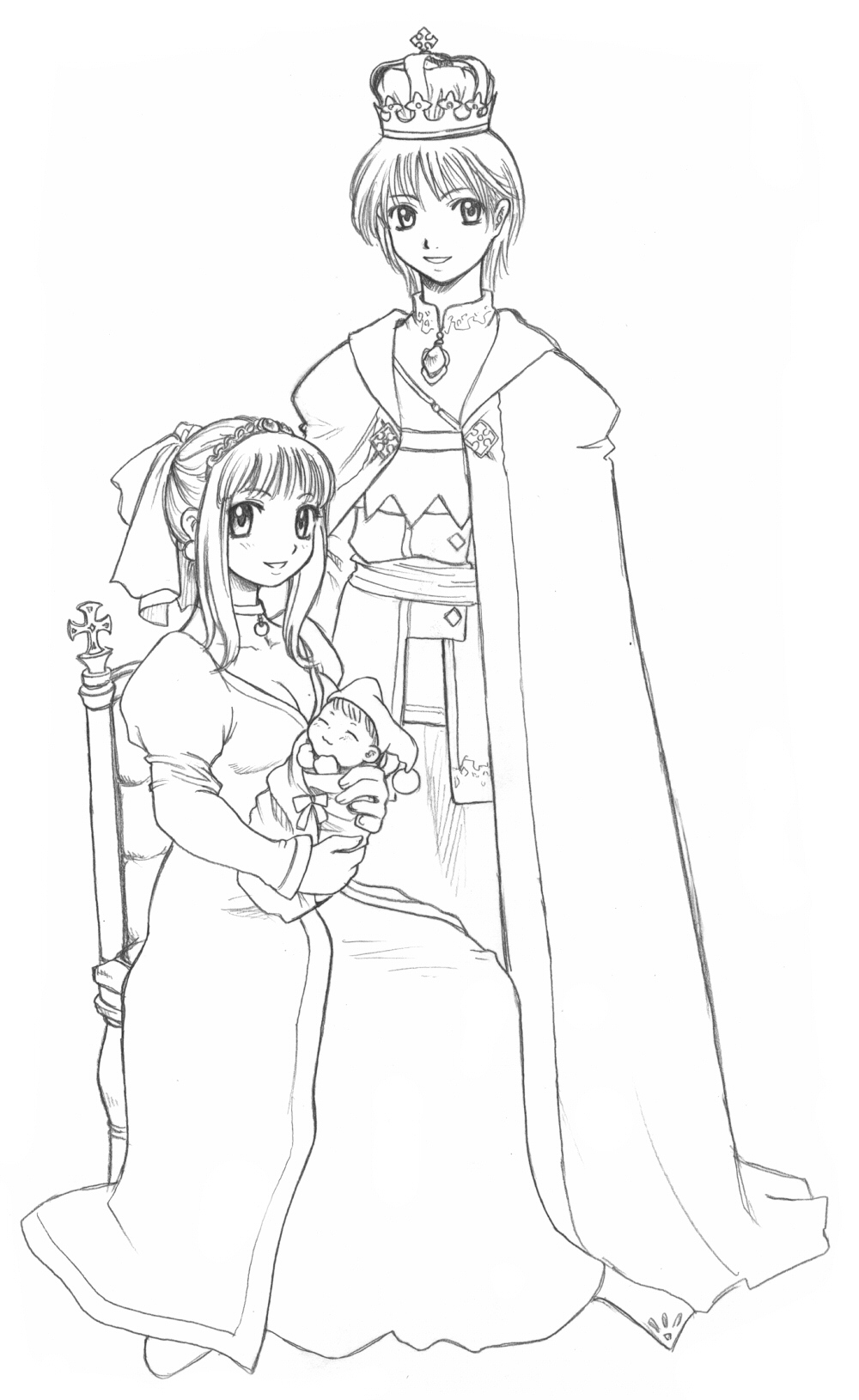 cape, cornet, crown, dress, family, ferdinand_marl_e, highres, kururu_(marl_kingdom), long_hair, marl_kingdom, nippon_ichi, nomura_ryouji, official_art, rhapsody, sitting, sketch, smile