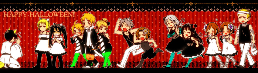 akiyama_mio_(cosplay), america_(hetalia), animal_ears, axis_powers_hetalia, bandage, bandages, blonde_hair, blue_legwear, blush, brown_hair, character_request, cosplay, don't_say_"lazy", don't_say_"lazy", don't_say_lazy, genderswap, germany_(hetalia), green_legwear, halloween, happy_halloween, hat, highres, hirasawa_yui, hirasawa_yui_(cosplay), japan_(hetalia), k-on!, kotobuki_tsumugi, kotobuki_tsumugi_(cosplay), long_image, mini_top_hat, nakano_azusa, nakano_azusa_(cosplay), northern_italy_(hetalia), pantyhose, prussia_(hetalia), russia_(hetalia), shimoneta, switzerland_(hetalia), tainaka_ritsu, tainaka_ritsu_(cosplay), top_hat, united_kingdom_(hetalia), wide_image