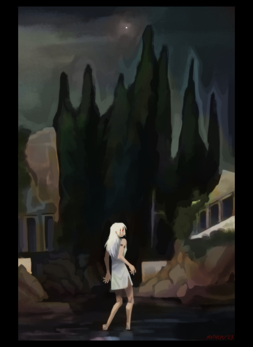 1girl, ariane_yeong, artist_name, bare_arms, barefoot, black_border, border, commentary