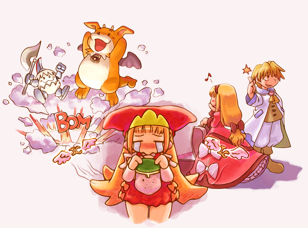 bow, cello_(marl_kingdom), chibi, crea_rosenqueen, crown, dress, fighting, happy