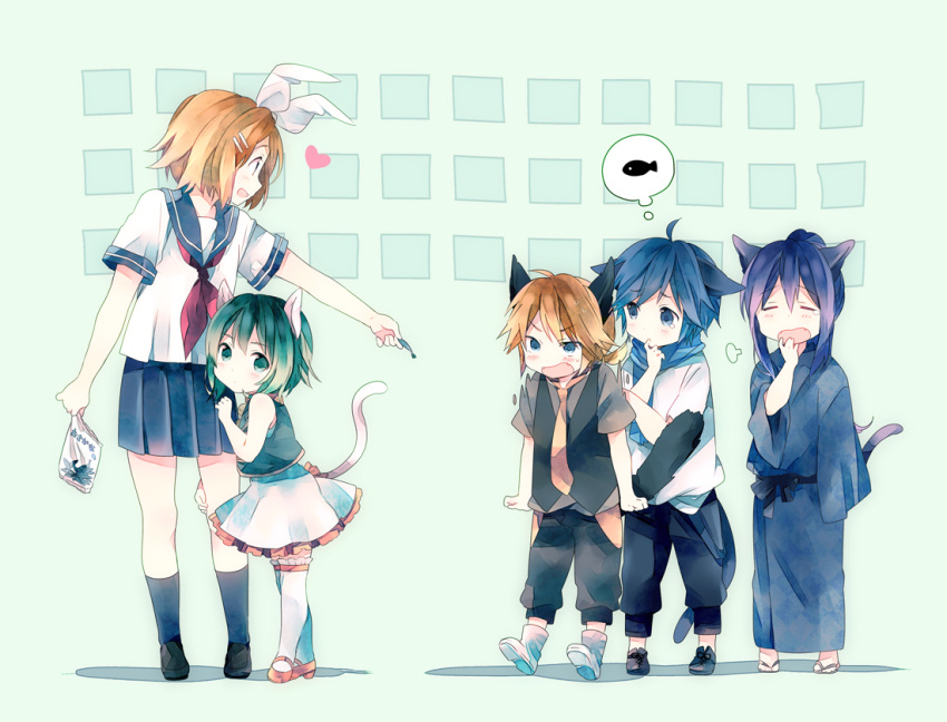 2girls, 3boys, aa_subarashiki_nyan-sei_(vocalod), animal_ears, bad_id, blonde_hair, blue_eyes, blue_hair