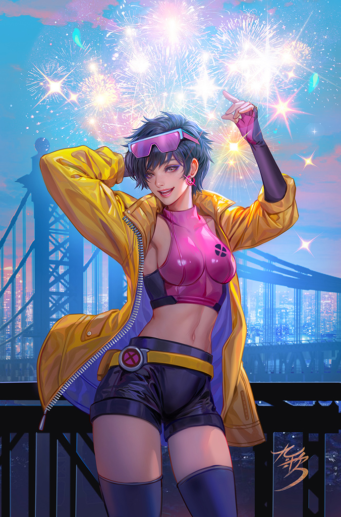 1girl, :d, arm_behind_head, belt, black_hair, black_shorts, black_thighhighs, blue_sky