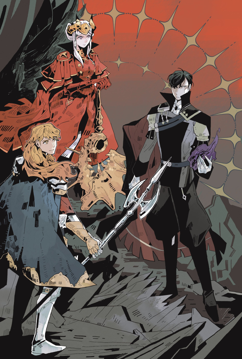 1girl, 2boys, absurdres, armored_boots, axe, aymr_(fire_emblem), battle_axe, black_coat