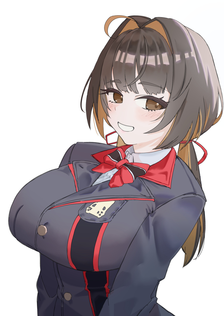 1girl, absurdres, ahoge, amy_(nikke), black_hair, blazer, blue_jacket, blush, bow, bowtie, breasts, brown_eyes, brown_hair, collared_shirt, colored_inner_hair, goddess_of_victory:_nikke, hair_ribbon, highres, jacket, kdk_(user_fwgd8753), large_breasts, long_hair, long_sleeves, looking_at_viewer, low_twintails, multicolored_hair, red_bow, red_bowtie, red_ribbon, ribbon, shirt, smile, solo, striped_bow, striped_bowtie, striped_clothes, twintails, upper_body, white_background, white_shirt