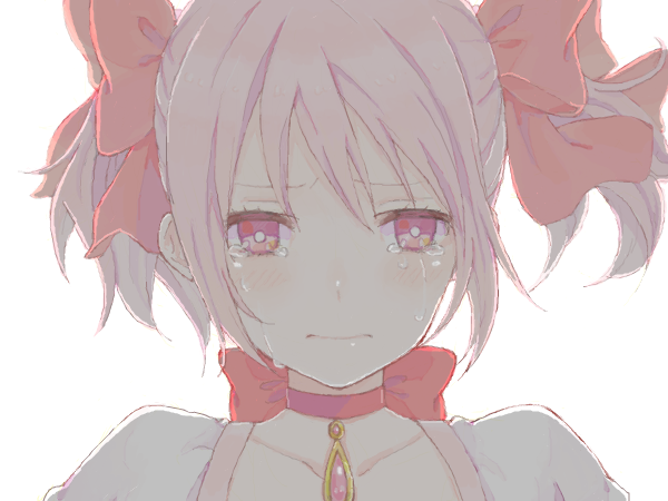 artist_request, drawr, face, kaname_madoka, mahou_shoujo_madoka_magica, pink_eyes, pink_hair, portrait, ribbon, shiho_(pixiv), short_twintails, simple_background, solo, tears, twintails