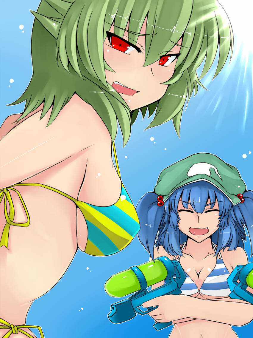 bare_shoulders, bikini, blue_hair, breasts, bust, cleavage, closed_eyes, dual_wielding