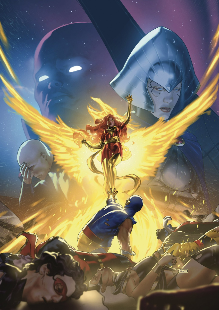 bald, black_hair, black_leotard, blue_eyes, blue_skin, blurry, bodysuit, boots, character_request, charles_xavier, colored_skin, comic_cover, commentary, corpse, cover, cover_page, cyclops_(x-men), dark-skinned_female, dark_persona, dark_phoenix, dark_skin, depth_of_field, elbow_gloves, english_commentary, eye_mask, gladiator_(marvel), gloves, glowing, glowing_eyes, grey_armor, grey_helmet, helmet, high_collar, highres, imminent_attack, initial, jean_grey, leotard, long_hair, looking_at_viewer, marvel, mask, muscular, muscular_male, nightcrawler, o-ring_leotard, official_art, orange_hair, phoenix_(x-men), pile_of_corpses, pointy_ears, purple_skin, red_bodysuit, sash, scott_summers, short_hair, storm_(x-men), taurin_clarke, textless_version, thigh_boots, torn_bodysuit, torn_clothes, torn_mask, watcher, western_comics_(style), white_gloves, white_hair, wolverine_(x-men), yellow_bodysuit, yellow_boots, yellow_gloves, yellow_sash