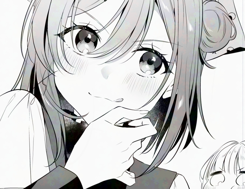 2girls, :q, adversarial_noise, ayaha_atori, blush, closed_mouth, commentary_request, frills, hair_between_eyes, hair_bun, hoshimisaki_raika, kimi_ga_deneb_ni_hikaru_made, looking_at_another, looking_at_viewer, medium_hair, multiple_girls, nauchi, portrait, sailor_collar, school_uniform, serafuku, single_side_bun, smile, solo_focus, tongue, tongue_out, v-shaped_eyebrows