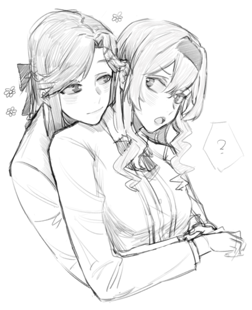 2girls, butch/femme_couple, chin_on_another's_shoulder, couple, flower, hair_ornament, hair_ribbon, hairclip