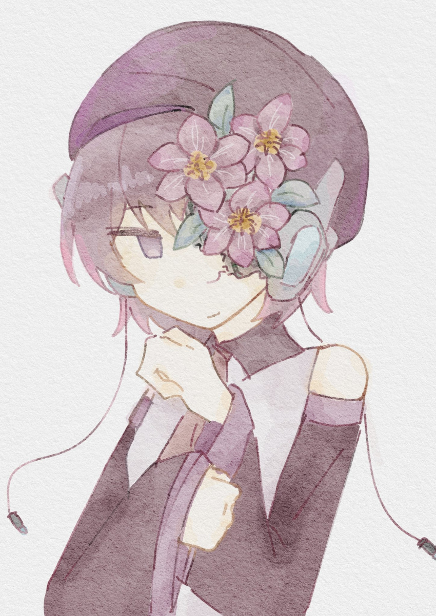 1girl, 3qouesni4, bare_shoulders, beret, black_hat, black_sleeves, cable, closed_mouth