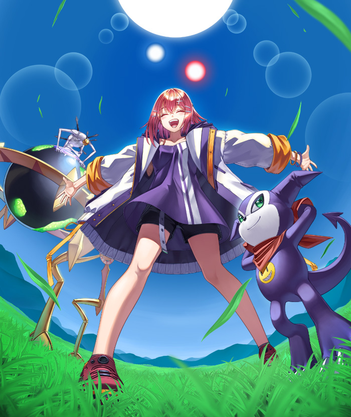 1girl, arms_behind_head, bandana, bandana_around_neck, black_shorts, camisole, closed_eyes, digimon