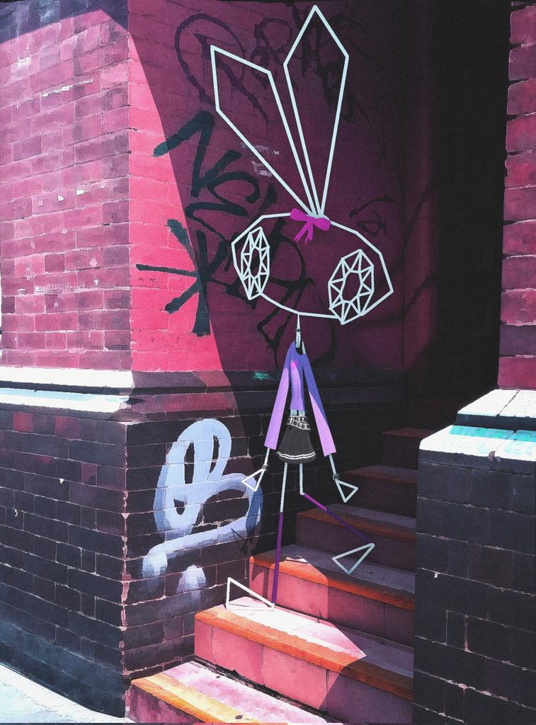 1girl, alley, animal_ears, black_skirt, bow, brick_wall, commentary, graffiti