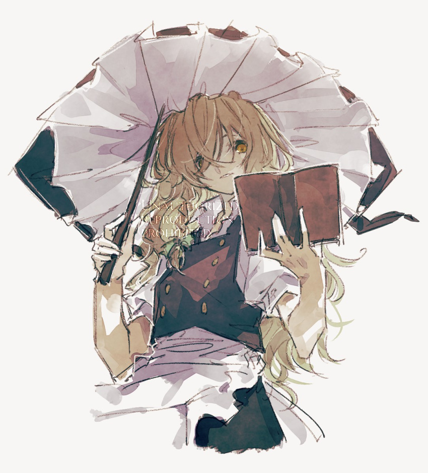 1girl, apron, black_hat, blonde_hair, book, commentary, commentary_request, frilled_apron